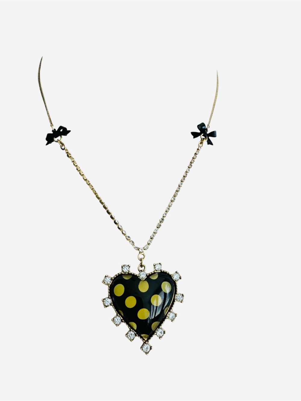 Betsey Johnson Vintage Black Heart Yellow Polka Dot Rhinestone Bow Necklace